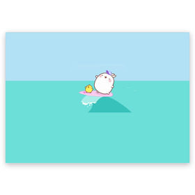 Поздравительная открытка с принтом Molang Серфинг в Петрозаводске, 100% бумага | плотность бумаги 280 г/м2, матовая, на обратной стороне линовка и место для марки
 | kawaii | аниме | волна | зайчик | зая | заяц | каваи | мимими | моланг | море | птенец | птенчик | серфер