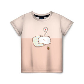 Детская футболка 3D с принтом Molang Сладкий Сон в Петрозаводске, 100% гипоаллергенный полиэфир | прямой крой, круглый вырез горловины, длина до линии бедер, чуть спущенное плечо, ткань немного тянется | kawaii | аниме | зайчик | зая | заяц | каваи | клубника | мимими | моланг | розовый | сон