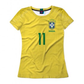 Женская футболка 3D с принтом Coutinho home WC 2018 в Петрозаводске, 100% полиэфир ( синтетическое хлопкоподобное полотно) | прямой крой, круглый вырез горловины, длина до линии бедер | brazil | coutinho | cup champions | league | world | бразилия | коутиньо