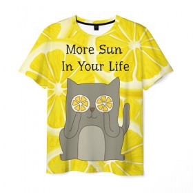 Мужская футболка 3D с принтом More Sun In Your Life в Петрозаводске, 100% полиэфир | прямой крой, круглый вырез горловины, длина до линии бедер | cat | kitty | lemon | lemonade | limon | pussycat | summer | жара | желтый | кот | котенок | котики | котэ | кошка | лемон | лемонад | лето | лимон | лимонад | позитив | серый | сок | солнце | сочный | фрукт | цитрус | черный | яркий