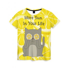 Женская футболка 3D с принтом More Sun In Your Life в Петрозаводске, 100% полиэфир ( синтетическое хлопкоподобное полотно) | прямой крой, круглый вырез горловины, длина до линии бедер | cat | kitty | lemon | lemonade | limon | pussycat | summer | жара | желтый | кот | котенок | котики | котэ | кошка | лемон | лемонад | лето | лимон | лимонад | позитив | серый | сок | солнце | сочный | фрукт | цитрус | черный | яркий