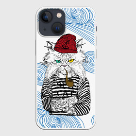 Чехол для iPhone 13 mini с принтом Кот Моряк в Петрозаводске,  |  | cat | бежевый | бирюзовый | глаза | желтый | коричневый | кот | котенок | котики | котэ | кошка | красный | матрос | матроска | матроскин | пират | полосатый | полоски | трубка | хипстер | черный | шапка