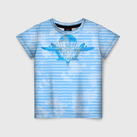 Детская футболка 3D с принтом ВДВ в Петрозаводске, 100% гипоаллергенный полиэфир | прямой крой, круглый вырез горловины, длина до линии бедер, чуть спущенное плечо, ткань немного тянется | вдв | голубая | никто кроме нас | парашют | полоски | самолеты | тельняшка