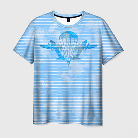 Мужская футболка 3D с принтом ВДВ в Петрозаводске, 100% полиэфир | прямой крой, круглый вырез горловины, длина до линии бедер | вдв | голубая | никто кроме нас | парашют | полоски | самолеты | тельняшка