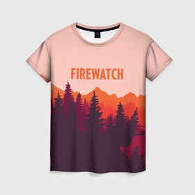 Женская футболка 3D с принтом FIREWATCH в Петрозаводске, 100% полиэфир ( синтетическое хлопкоподобное полотно) | прямой крой, круглый вырез горловины, длина до линии бедер | art | campo santo | firewatch | game | горы | закат | игра | лес | пейзаж | пожарный дозор | солнце | холмы