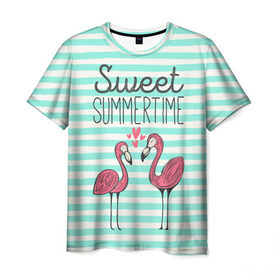 Мужская футболка 3D с принтом Sweet Summer Time в Петрозаводске, 100% полиэфир | прямой крой, круглый вырез горловины, длина до линии бедер | animal | art | flamingo | love | pink | summer | sweet | time | арт | белый | бирюзовый | жара | животное | лето | любовь | матроска | полоски | рисунок | розовый | роман | сердечки | сердце | серый | фламинго | черный
