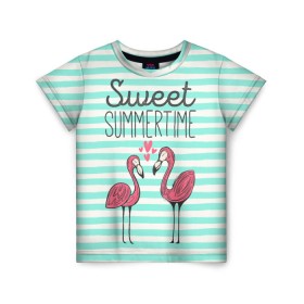Детская футболка 3D с принтом Sweet Summer Time в Петрозаводске, 100% гипоаллергенный полиэфир | прямой крой, круглый вырез горловины, длина до линии бедер, чуть спущенное плечо, ткань немного тянется | animal | art | flamingo | love | pink | summer | sweet | time | арт | белый | бирюзовый | жара | животное | лето | любовь | матроска | полоски | рисунок | розовый | роман | сердечки | сердце | серый | фламинго | черный