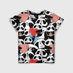 Детская футболка 3D с принтом Пандяшки в Петрозаводске, 100% гипоаллергенный полиэфир | прямой крой, круглый вырез горловины, длина до линии бедер, чуть спущенное плечо, ткань немного тянется | Тематика изображения на принте: baby | cute | fun | gift | happy | heart | panda | paw | smile | белый | красный | лапа | малыш | милый | мягкий | нежный | няшный | панда | подарок | радость | розовый | сердце | счастье | сюрприз | улыбка | черный