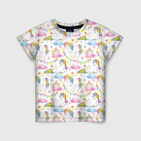 Детская футболка 3D с принтом Акварельные Единороги в Петрозаводске, 100% гипоаллергенный полиэфир | прямой крой, круглый вырез горловины, длина до линии бедер, чуть спущенное плечо, ткань немного тянется | unicorn | единорог | единорожка | мимими | радуга