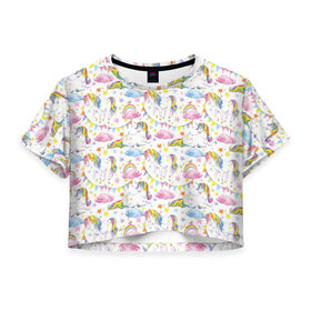 Женская футболка 3D укороченная с принтом Акварельные Единороги в Петрозаводске, 100% полиэстер | круглая горловина, длина футболки до линии талии, рукава с отворотами | unicorn | единорог | единорожка | мимими | радуга