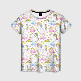 Женская футболка 3D с принтом Акварельные Единороги в Петрозаводске, 100% полиэфир ( синтетическое хлопкоподобное полотно) | прямой крой, круглый вырез горловины, длина до линии бедер | unicorn | единорог | единорожка | мимими | радуга