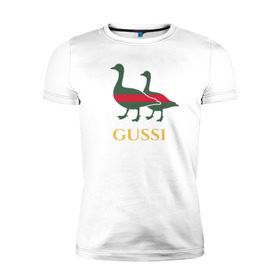 Мужская футболка премиум с принтом Gussi GG в Петрозаводске, 92% хлопок, 8% лайкра | приталенный силуэт, круглый вырез ворота, длина до линии бедра, короткий рукав | gucci | gussi | гуси | гучи