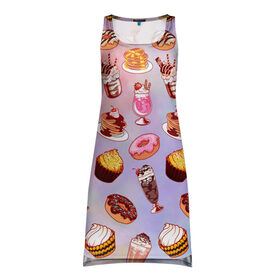 Платье-майка 3D с принтом Очень Сладкий Паттерн в Петрозаводске, 100% полиэстер | полуприлегающий силуэт, широкие бретели, круглый вырез горловины, удлиненный подол сзади. | блины | вкусняшка | еда | кекс | клубника | коктейль | мороженое | панкейк | пончик | сладости