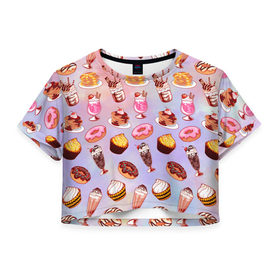 Женская футболка 3D укороченная с принтом Очень Сладкий Паттерн в Петрозаводске, 100% полиэстер | круглая горловина, длина футболки до линии талии, рукава с отворотами | блины | вкусняшка | еда | кекс | клубника | коктейль | мороженое | панкейк | пончик | сладости