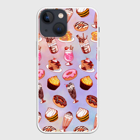 Чехол для iPhone 13 mini с принтом Очень Сладкий Паттерн в Петрозаводске,  |  | блины | вкусняшка | еда | кекс | клубника | коктейль | мороженое | панкейк | пончик | сладости