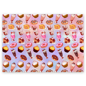 Поздравительная открытка с принтом Очень Сладкий Паттерн в Петрозаводске, 100% бумага | плотность бумаги 280 г/м2, матовая, на обратной стороне линовка и место для марки
 | Тематика изображения на принте: блины | вкусняшка | еда | кекс | клубника | коктейль | мороженое | панкейк | пончик | сладости