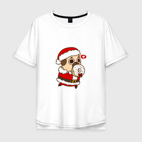 Мужская футболка хлопок Oversize с принтом Puglie Pug Новогодний в Петрозаводске, 100% хлопок | свободный крой, круглый ворот, “спинка” длиннее передней части | 2019 | kawaii | злюка | каваи | мопс | новый год | пес | пончик | собака