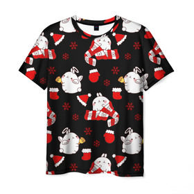 Мужская футболка 3D с принтом Molang Новогодний Паттерн в Петрозаводске, 100% полиэфир | прямой крой, круглый вырез горловины, длина до линии бедер | kawaii | аниме | зайчик | зая | каваи | кролик | мимими | моланг | нг | новый год | рождество | снежинка