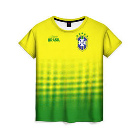 Женская футболка 3D с принтом Сборная Бразилии в Петрозаводске, 100% полиэфир ( синтетическое хлопкоподобное полотно) | прямой крой, круглый вырез горловины, длина до линии бедер | brasil | brasilia | brazilia | braziliya | cfb | бразилия | сборная