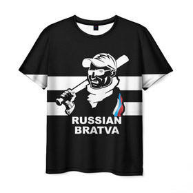 Мужская футболка 3D с принтом RUSSIAN BRATVA в Петрозаводске, 100% полиэфир | прямой крой, круглый вырез горловины, длина до линии бедер | mafia | russian | бандит | герб | мафия | россия | флаг