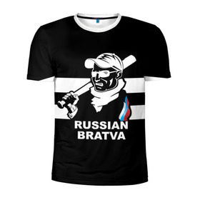 Мужская футболка 3D спортивная с принтом RUSSIAN BRATVA в Петрозаводске, 100% полиэстер с улучшенными характеристиками | приталенный силуэт, круглая горловина, широкие плечи, сужается к линии бедра | mafia | russian | бандит | герб | мафия | россия | флаг