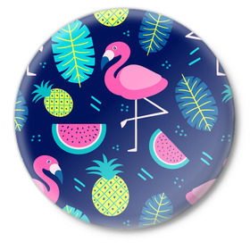 Значок с принтом Фламинго в Петрозаводске,  металл | круглая форма, металлическая застежка в виде булавки | flamingo | ананас | арбуз | летние | летняя | лето | листья | текстура | фламинго | фрукты