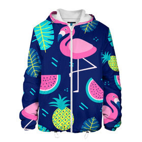 Мужская куртка 3D с принтом Фламинго в Петрозаводске, ткань верха — 100% полиэстер, подклад — флис | прямой крой, подол и капюшон оформлены резинкой с фиксаторами, два кармана без застежек по бокам, один большой потайной карман на груди. Карман на груди застегивается на липучку | flamingo | ананас | арбуз | летние | летняя | лето | листья | текстура | фламинго | фрукты