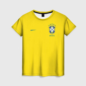 Женская футболка 3D с принтом Бразилия форма (без надписи сзади) в Петрозаводске, 100% полиэфир ( синтетическое хлопкоподобное полотно) | прямой крой, круглый вырез горловины, длина до линии бедер | brasil | championship | cup | football | team | world |  чемпионат мира | бразилии | бразилия | форма | футбол | чм