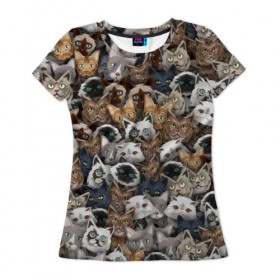 Женская футболка 3D с принтом Коты разных пород в Петрозаводске, 100% полиэфир ( синтетическое хлопкоподобное полотно) | прямой крой, круглый вырез горловины, длина до линии бедер | бенгальский | кот | котик | котики | кошка | мейн кун | паттерн | персидский | сиамский | сфинкс