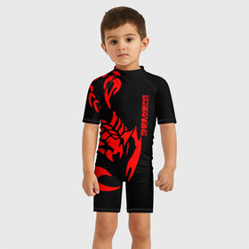 Детский купальный костюм 3D с принтом Scorpions в Петрозаводске, Полиэстер 85%, Спандекс 15% | застежка на молнии на спине | scorpions | группа | скорпионс | хард | хардрок