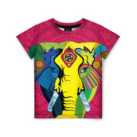 Детская футболка 3D с принтом Мама Индия. Ганеша в Петрозаводске, 100% гипоаллергенный полиэфир | прямой крой, круглый вырез горловины, длина до линии бедер, чуть спущенное плечо, ткань немного тянется | ганеша | индия | кислота | психоделика | слон | ярко