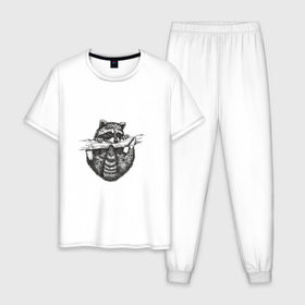 Мужская пижама хлопок с принтом Енот - повисун в Петрозаводске, 100% хлопок | брюки и футболка прямого кроя, без карманов, на брюках мягкая резинка на поясе и по низу штанин
 | енотики | еноты