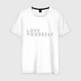 Мужская футболка хлопок с принтом LOVE YOURSELF_2 в Петрозаводске, 100% хлопок | прямой крой, круглый вырез горловины, длина до линии бедер, слегка спущенное плечо. | Тематика изображения на принте: bangtan boys | bts | бантаны | бтс