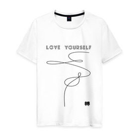 Мужская футболка хлопок с принтом LOVE YOURSELF _ в Петрозаводске, 100% хлопок | прямой крой, круглый вырез горловины, длина до линии бедер, слегка спущенное плечо. | bangtan boys | bts | бантаны | бтс