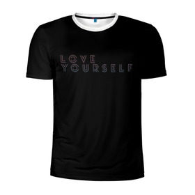 Мужская футболка 3D спортивная с принтом LOVE YOURSELF_5 в Петрозаводске, 100% полиэстер с улучшенными характеристиками | приталенный силуэт, круглая горловина, широкие плечи, сужается к линии бедра | Тематика изображения на принте: bangtan boys | bts | бантаны | бтс