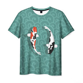 Мужская футболка 3D с принтом Японские рыбки в Петрозаводске, 100% полиэфир | прямой крой, круглый вырез горловины, длина до линии бедер | Тематика изображения на принте: карпы | кои | рыбы | япония