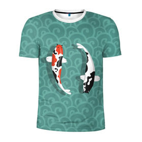 Мужская футболка 3D спортивная с принтом Японские рыбки в Петрозаводске, 100% полиэстер с улучшенными характеристиками | приталенный силуэт, круглая горловина, широкие плечи, сужается к линии бедра | Тематика изображения на принте: карпы | кои | рыбы | япония