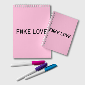 Блокнот с принтом FAKE LOVE_pink в Петрозаводске, 100% бумага | 48 листов, плотность листов — 60 г/м2, плотность картонной обложки — 250 г/м2. Листы скреплены удобной пружинной спиралью. Цвет линий — светло-серый
 | bangtan boys | bts | бантаны | бтс