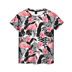 Женская футболка 3D с принтом Pattern Flamingo в Петрозаводске, 100% полиэфир ( синтетическое хлопкоподобное полотно) | прямой крой, круглый вырез горловины, длина до линии бедер | Тематика изображения на принте: 