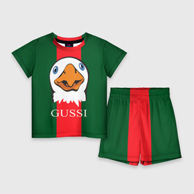 Детский костюм с шортами 3D с принтом GUSSI в Петрозаводске,  |  | Тематика изображения на принте: gucci | gussi ga ga ga | gussi gang | бренд | гусь | птица