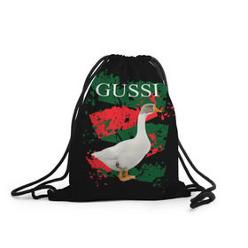 Рюкзак-мешок 3D с принтом Gussi в Петрозаводске, 100% полиэстер | плотность ткани — 200 г/м2, размер — 35 х 45 см; лямки — толстые шнурки, застежка на шнуровке, без карманов и подкладки | gucci | gussi ga ga ga | gussi gang | бренд | гусь | птица