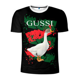 Мужская футболка 3D спортивная с принтом Gussi в Петрозаводске, 100% полиэстер с улучшенными характеристиками | приталенный силуэт, круглая горловина, широкие плечи, сужается к линии бедра | Тематика изображения на принте: gucci | gussi ga ga ga | gussi gang | бренд | гусь | птица