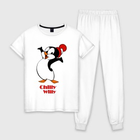 Женская пижама хлопок с принтом Chilly Willy в Петрозаводске, 100% хлопок | брюки и футболка прямого кроя, без карманов, на брюках мягкая резинка на поясе и по низу штанин | Тематика изображения на принте: 