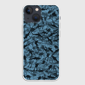 Чехол для iPhone 13 mini с принтом Акулы и дайверы в Петрозаводске,  |  | аквалангист | камуфляж | милитари | молот | море | рыба