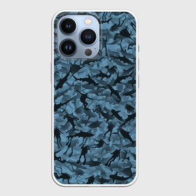 Чехол для iPhone 13 Pro с принтом Акулы и дайверы в Петрозаводске,  |  | аквалангист | камуфляж | милитари | молот | море | рыба