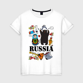 Женская футболка хлопок с принтом Россия в Петрозаводске, 100% хлопок | прямой крой, круглый вырез горловины, длина до линии бедер, слегка спущенное плечо | балалайка | матрёшка | медведь | россия | стереотипы