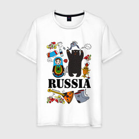 Мужская футболка хлопок с принтом Россия в Петрозаводске, 100% хлопок | прямой крой, круглый вырез горловины, длина до линии бедер, слегка спущенное плечо. | Тематика изображения на принте: балалайка | матрёшка | медведь | россия | стереотипы