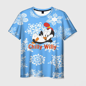 Мужская футболка 3D с принтом Chilly Willy в Петрозаводске, 100% полиэфир | прямой крой, круглый вырез горловины, длина до линии бедер | chilly | chilly willy | арт | животные | милые | мультфильмы | пингвины | снежинки | текстура | чилли вилли