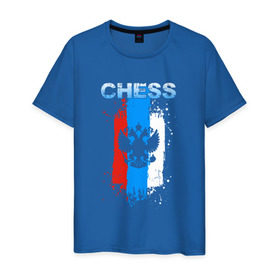 Мужская футболка хлопок с принтом Chess в Петрозаводске, 100% хлопок | прямой крой, круглый вырез горловины, длина до линии бедер, слегка спущенное плечо. | check | chess | game | sport | strategy | доска | игра | линии | мат | надпись | пат | полосы | сборная | символ | состязание | спорт | спортсмен | стратегия | флаг | шах | шахматист | шахматы