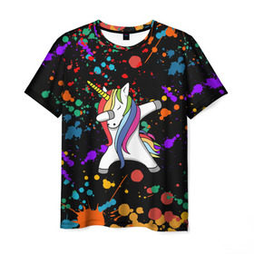 Мужская футболка 3D с принтом ЕДИНОРОГ РАДУГА (ЧЕРНЫЙ) в Петрозаводске, 100% полиэфир | прямой крой, круглый вырез горловины, длина до линии бедер | color | dab | pony | rainbow | unicornis dab | брызги | даб | единорог | единорог радуга | животные | краски | красочные | ляпистые | пони | радуга | цвета радуги